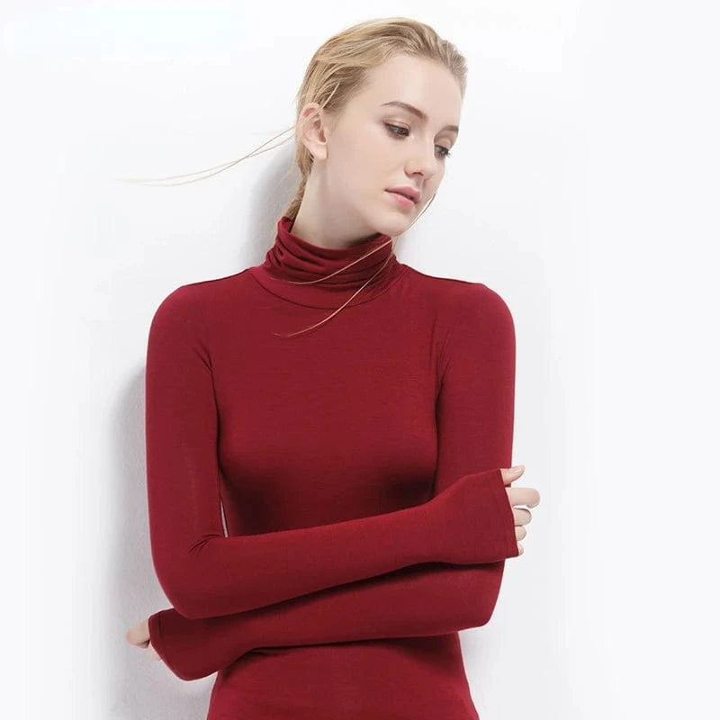 DAMOCHIC Women Basic Slim Fit Stretch T Shirt Solid Color Turtleneck Fall Tops Long Sleeve Plus Warm Soft Smooth Modal T Shirt