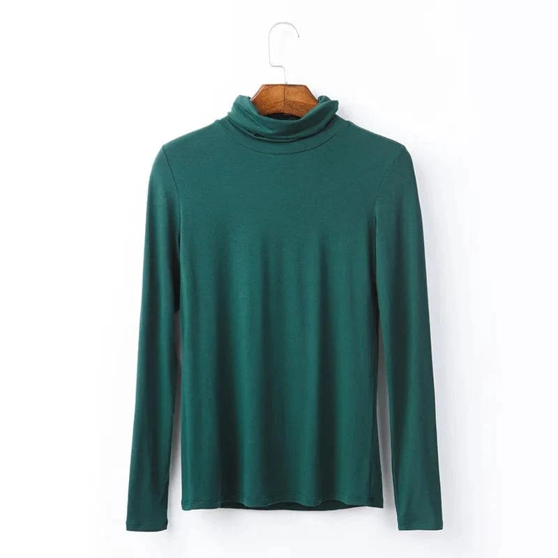 DAMOCHIC Women Basic Slim Fit Stretch T Shirt Solid Color Turtleneck Fall Tops Long Sleeve Plus Warm Soft Smooth Modal T Shirt