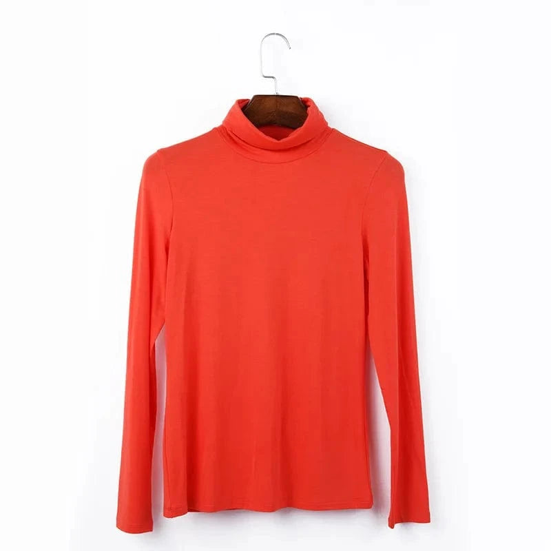 DAMOCHIC Women Basic Slim Fit Stretch T Shirt Solid Color Turtleneck Fall Tops Long Sleeve Plus Warm Soft Smooth Modal T Shirt