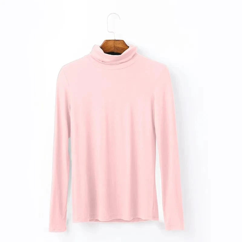 DAMOCHIC Women Basic Slim Fit Stretch T Shirt Solid Color Turtleneck Fall Tops Long Sleeve Plus Warm Soft Smooth Modal T Shirt