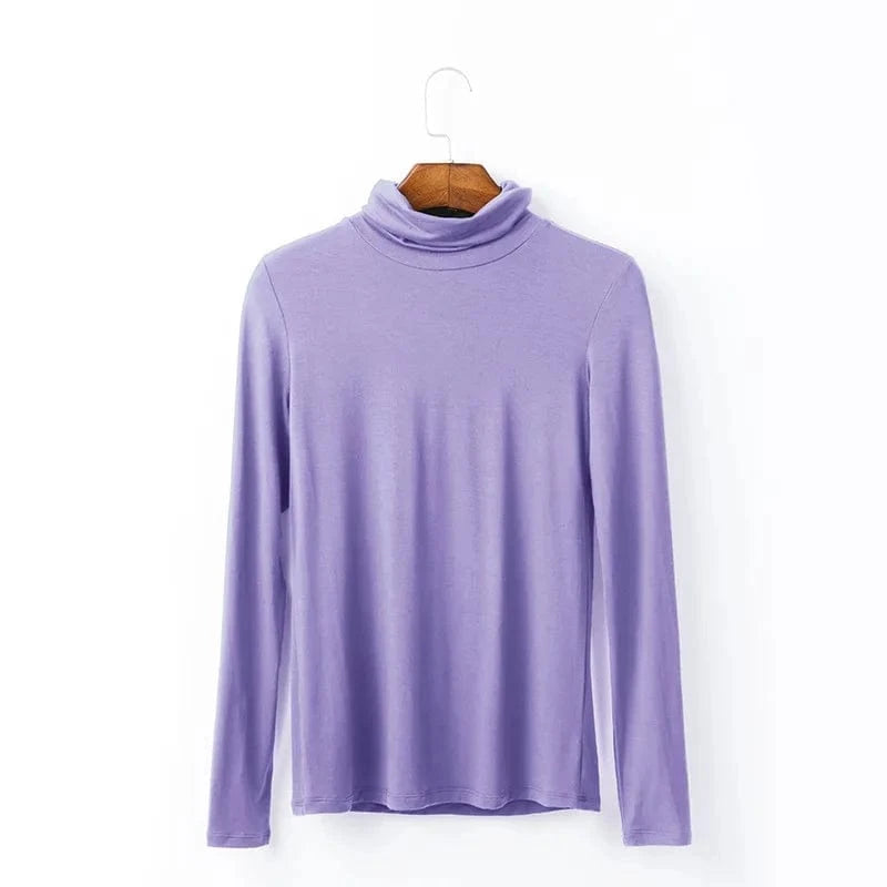 DAMOCHIC Women Basic Slim Fit Stretch T Shirt Solid Color Turtleneck Fall Tops Long Sleeve Plus Warm Soft Smooth Modal T Shirt