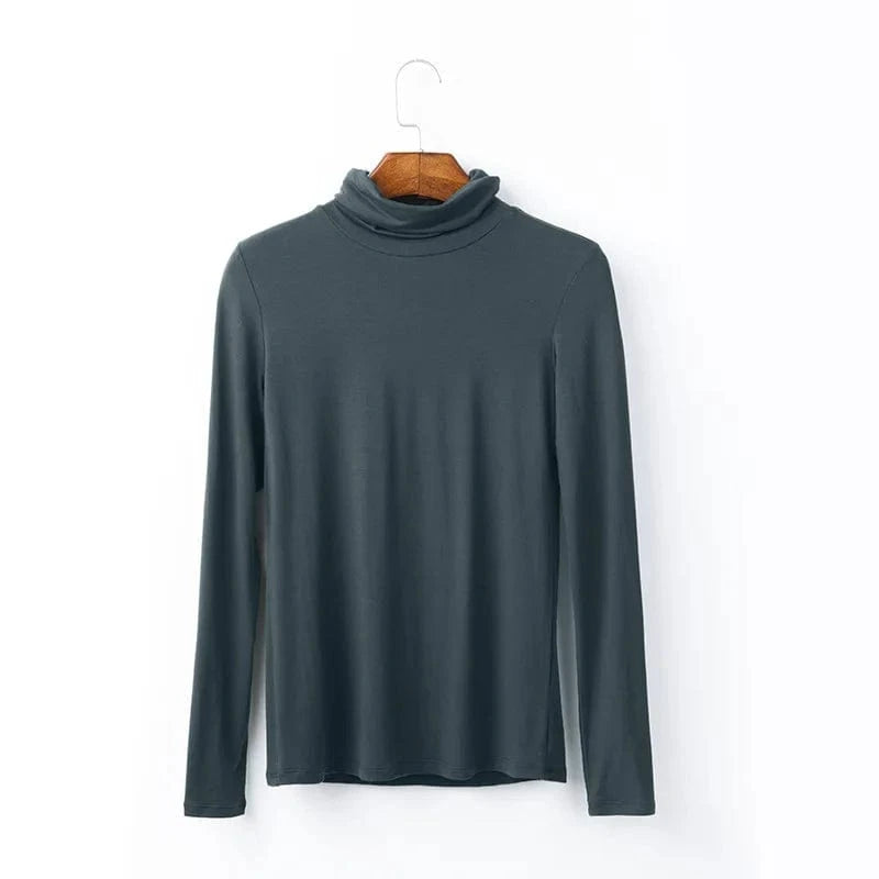 DAMOCHIC Women Basic Slim Fit Stretch T Shirt Solid Color Turtleneck Fall Tops Long Sleeve Plus Warm Soft Smooth Modal T Shirt