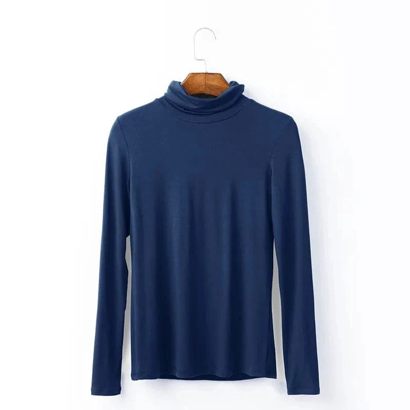 DAMOCHIC Women Basic Slim Fit Stretch T Shirt Solid Color Turtleneck Fall Tops Long Sleeve Plus Warm Soft Smooth Modal T Shirt