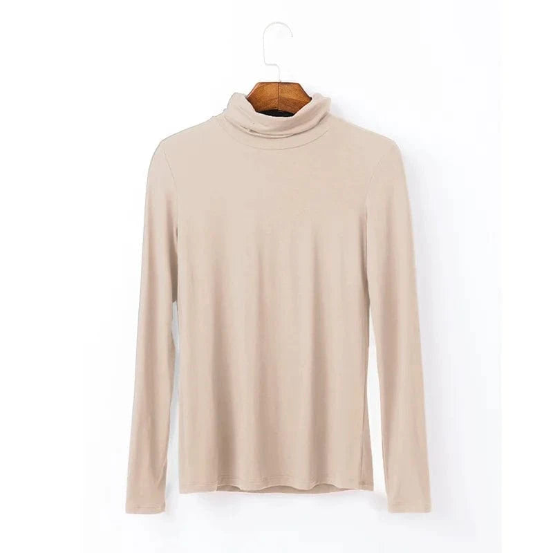 DAMOCHIC Women Basic Slim Fit Stretch T Shirt Solid Color Turtleneck Fall Tops Long Sleeve Plus Warm Soft Smooth Modal T Shirt