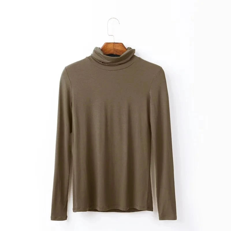 DAMOCHIC Women Basic Slim Fit Stretch T Shirt Solid Color Turtleneck Fall Tops Long Sleeve Plus Warm Soft Smooth Modal T Shirt