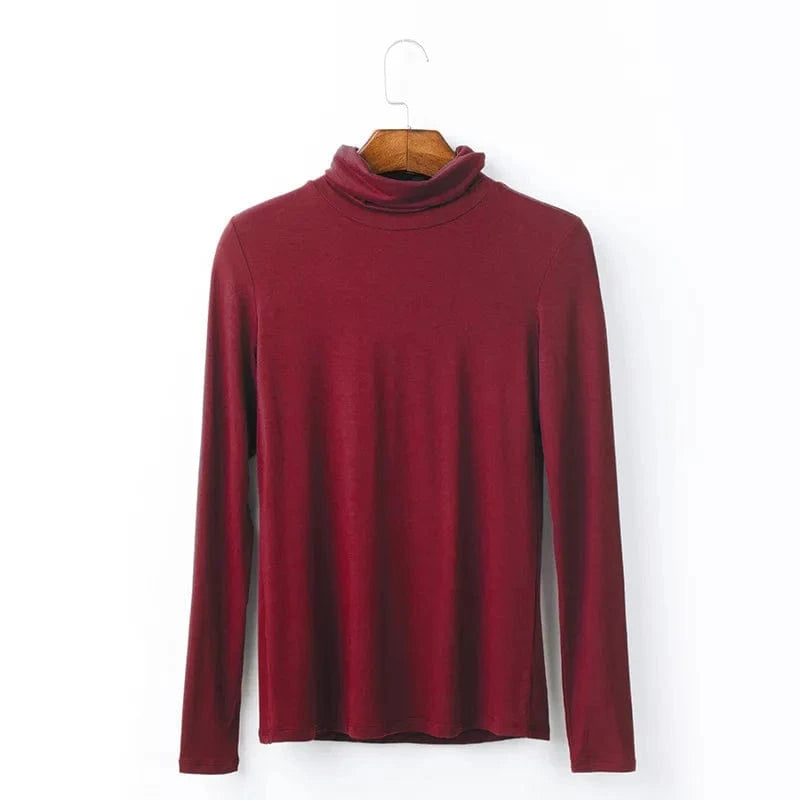 DAMOCHIC Women Basic Slim Fit Stretch T Shirt Solid Color Turtleneck Fall Tops Long Sleeve Plus Warm Soft Smooth Modal T Shirt