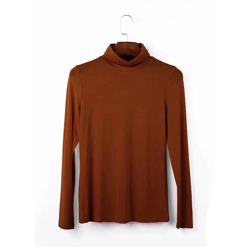 DAMOCHIC Women Basic Slim Fit Stretch T Shirt Solid Color Turtleneck Fall Tops Long Sleeve Plus Warm Soft Smooth Modal T Shirt