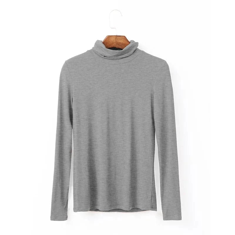 DAMOCHIC Women Basic Slim Fit Stretch T Shirt Solid Color Turtleneck Fall Tops Long Sleeve Plus Warm Soft Smooth Modal T Shirt