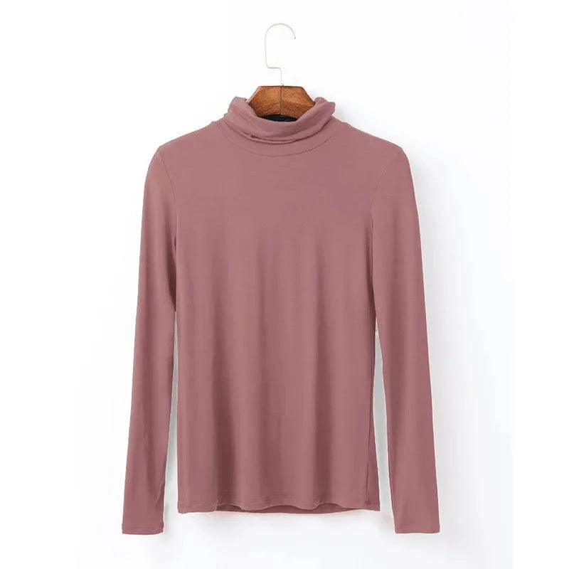 DAMOCHIC Women Basic Slim Fit Stretch T Shirt Solid Color Turtleneck Fall Tops Long Sleeve Plus Warm Soft Smooth Modal T Shirt