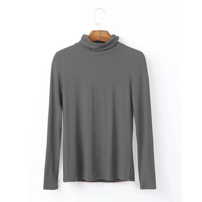 DAMOCHIC Women Basic Slim Fit Stretch T Shirt Solid Color Turtleneck Fall Tops Long Sleeve Plus Warm Soft Smooth Modal T Shirt