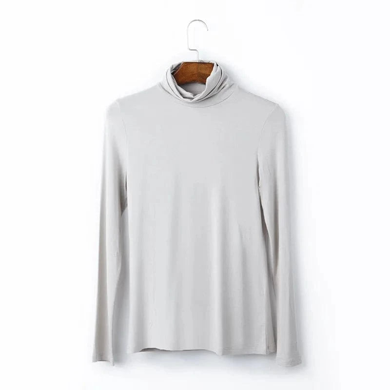 DAMOCHIC Women Basic Slim Fit Stretch T Shirt Solid Color Turtleneck Fall Tops Long Sleeve Plus Warm Soft Smooth Modal T Shirt