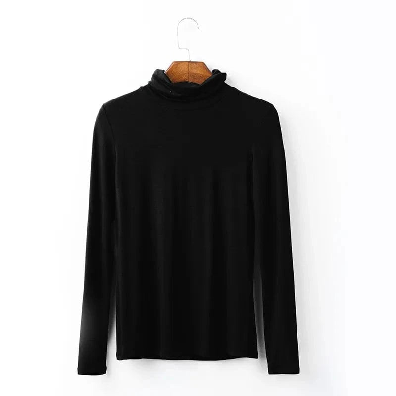 DAMOCHIC Women Basic Slim Fit Stretch T Shirt Solid Color Turtleneck Fall Tops Long Sleeve Plus Warm Soft Smooth Modal T Shirt