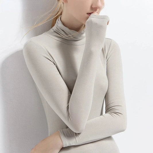 DAMOCHIC Women Basic Slim Fit Stretch T Shirt Solid Color Turtleneck Fall Tops Long Sleeve Plus Warm Soft Smooth Modal T Shirt