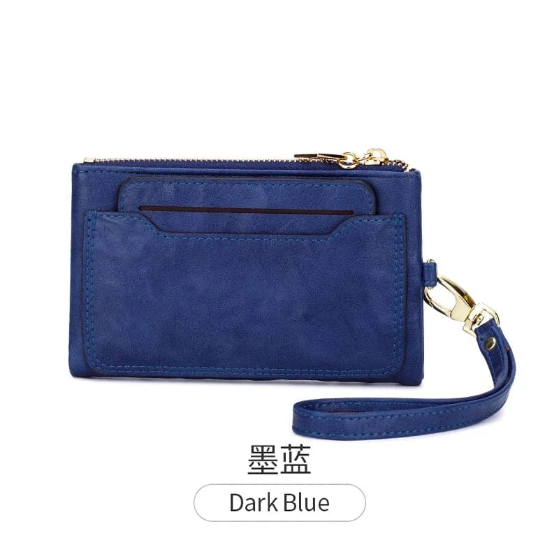 Dark Blue 2024 New Women's Wallet Medium Retro Style Zipper Folding Multi Card Large Capacity Handbag Wallet Clip Wrist Strap