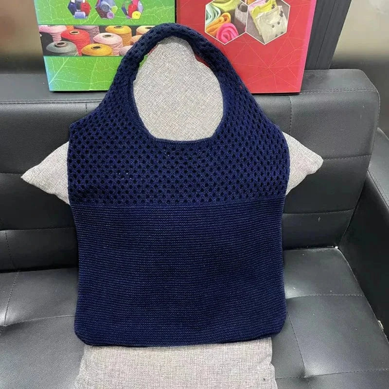 Dark Blue Custom Personalized Knitting Crochet Tote Bags Shoulder Handbags for Women Summer Beach Fashion Weaving Hollow Handbag
