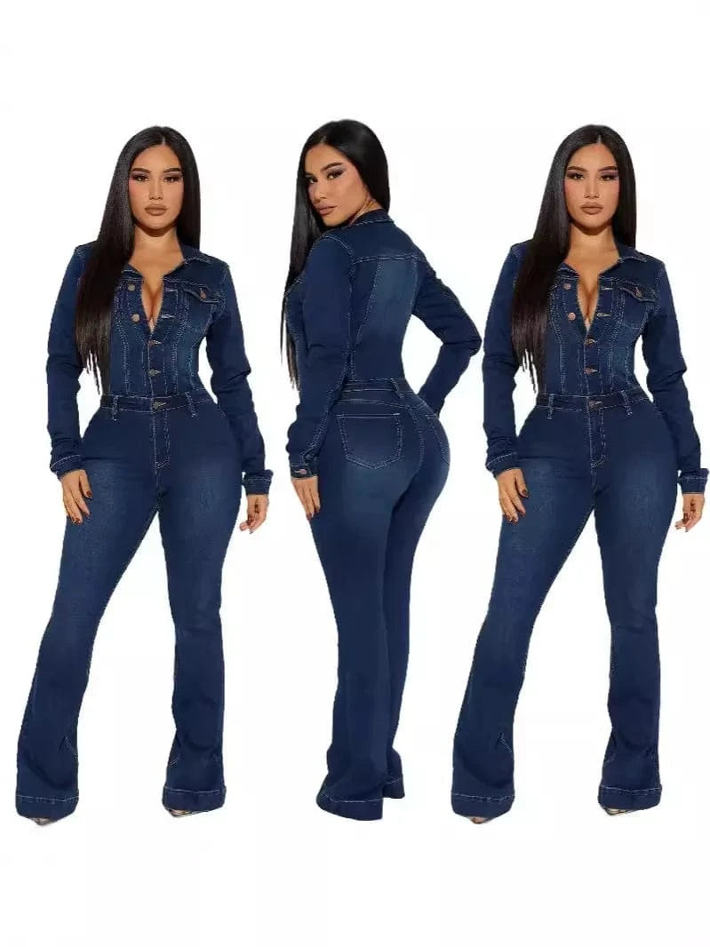 Dark Blue / XXL Women Fashion Solid Color Lapel Single-breasted Slim-fit Waist Long-sleeved Denim Jumpsuit Overall Pants