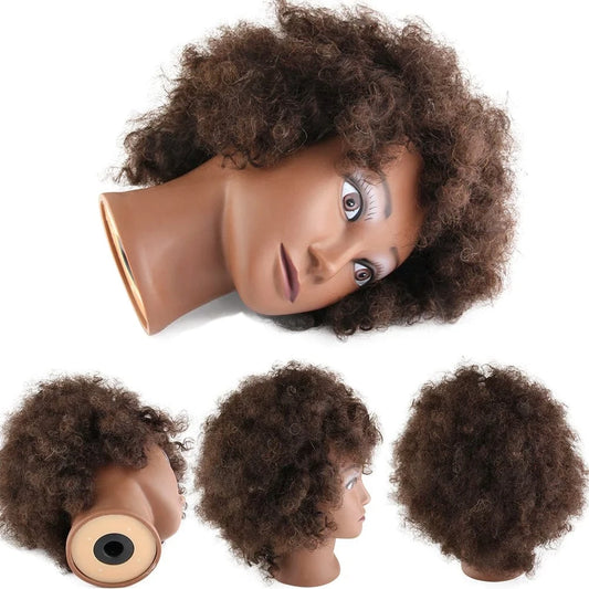 Dark Brown# / 8 Inches Professional 100% Human Hair Hairdressing Afro Training Head Barber Braiding Practice Mannequin Doll Head with Natural Hair