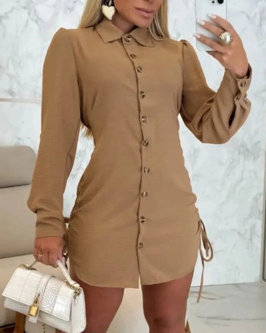 Dark Brown / M Women's Fashion Summer Minimalist V-neck Button Up Dress Woman Cotton Linen White Short Sleeved Pocket Casual Loose Shirt Dress