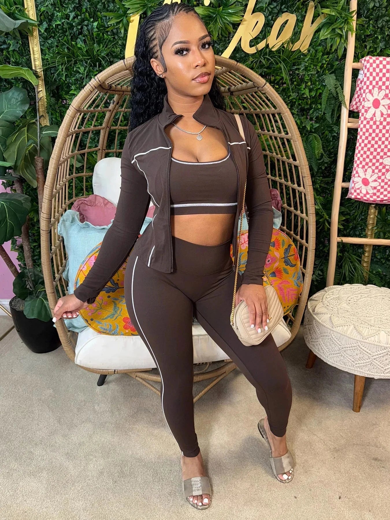 Dark Brown / S FAGADOER Autumn New Fashion Sports 3 Piece Sets Woman Outfit Stripe Patchwork Long Sleeve Zipper Tops + Pants Female Streetwear