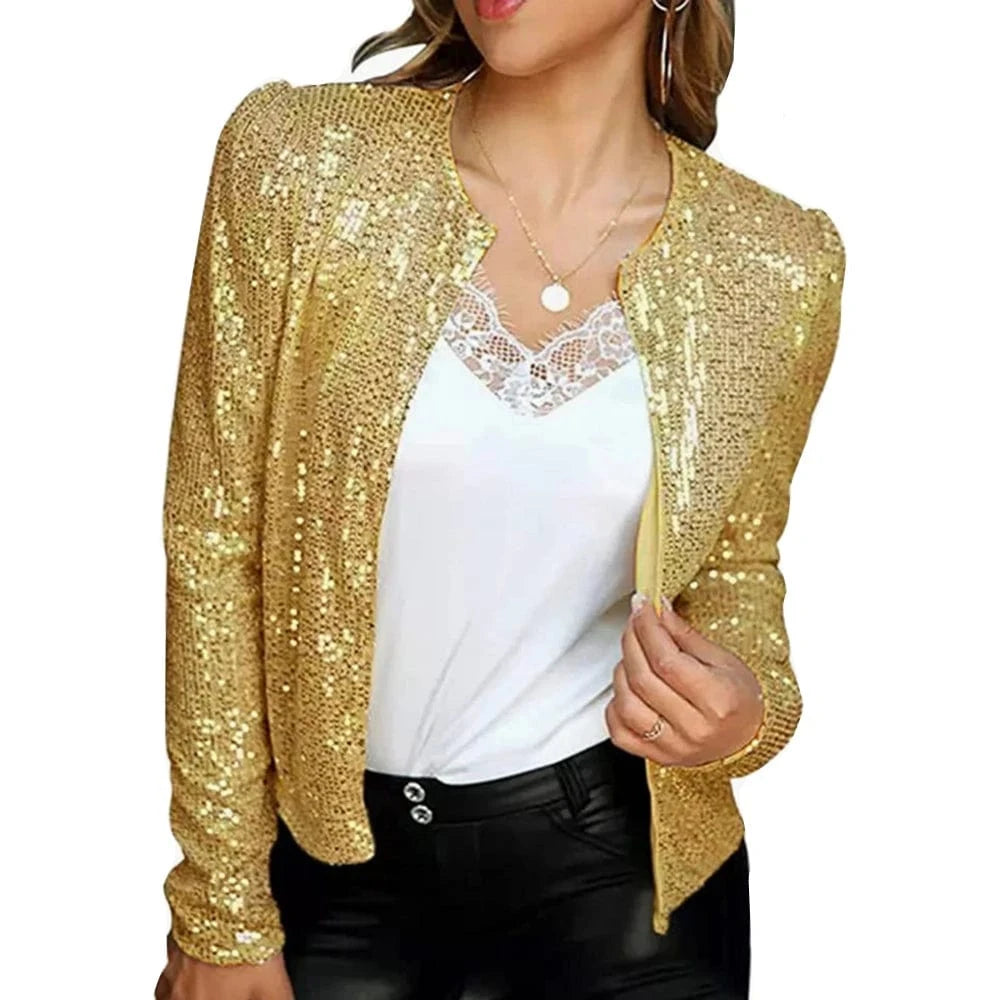 Dark Gold / S Gold Purple Shiny Sequins Round Neck Cardigan Jacket Women Fashion Short Coat Silver Blue Nothing Red Outerwear Female Overcoat