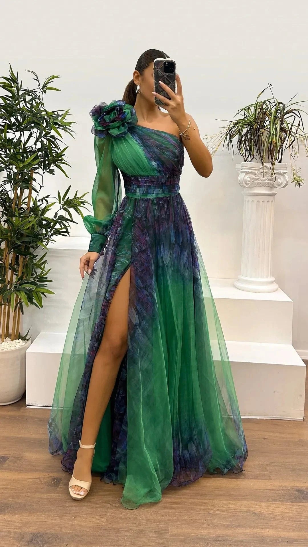 Dark Green / M New One Shoulder Sleeve Pleats Bridesmaid Dress Vintage Pattern Printed High Waist Long Dress Sexy Asymmetric Mesh Evening Dress