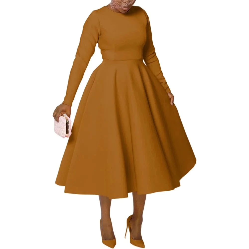 Dark Orange / S Elegant Church Dresses for Woman 2025 Fall Long Sleeve O Neck High Waisted A-Line Midi Calf Party Cocktail Dress with Pockets
