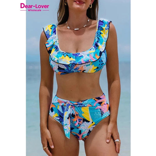 Dear-Lover 2024 Women Green Tropical Print Ruffled Square Neck Tie High Waist Swimsuit