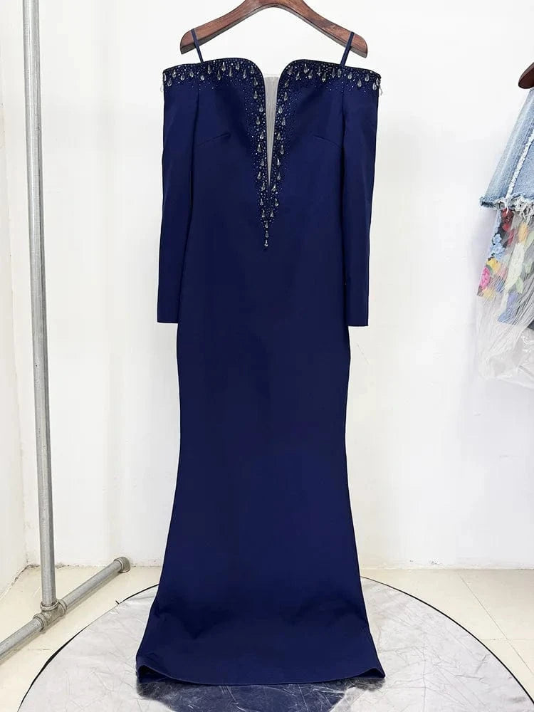 DEEP BLUE / S HIGH STREET Newest 2025 Designer Vestido Women's Diamonds Beaded Slash Neck Off The Shoulders Long Maxi Dress