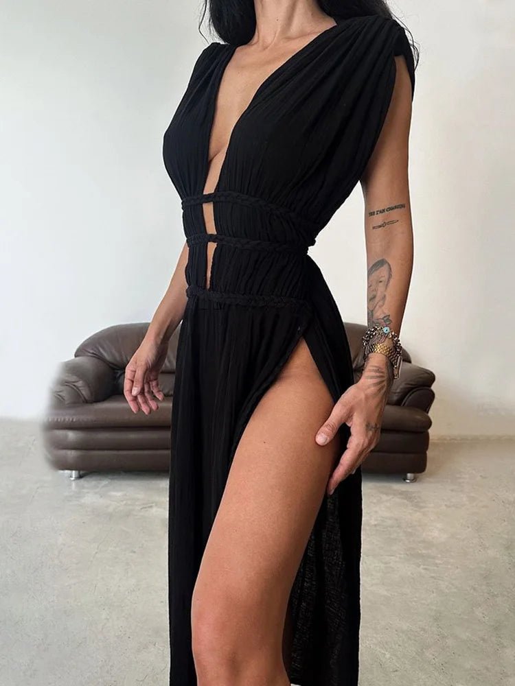 Deep V - Neck Sexy Bohemian Party Dress, Women Summer Loungewear Sleeveless Maxi Dress, New Hollow Out Solid Ladies Dress Vestidos - SN Wigs & More