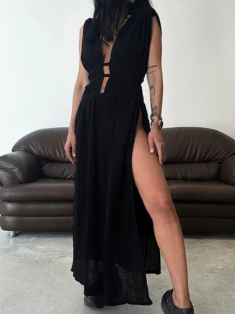 Deep V - Neck Sexy Bohemian Party Dress, Women Summer Loungewear Sleeveless Maxi Dress, New Hollow Out Solid Ladies Dress Vestidos - SN Wigs & More