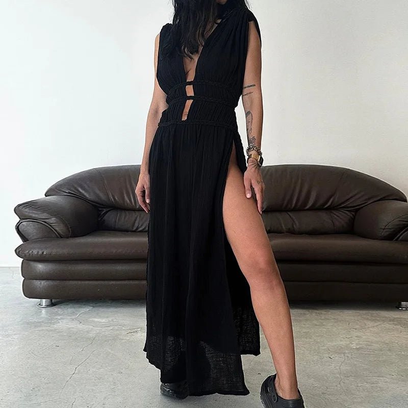 Deep V - Neck Sexy Bohemian Party Dress, Women Summer Loungewear Sleeveless Maxi Dress, New Hollow Out Solid Ladies Dress Vestidos - SN Wigs & More