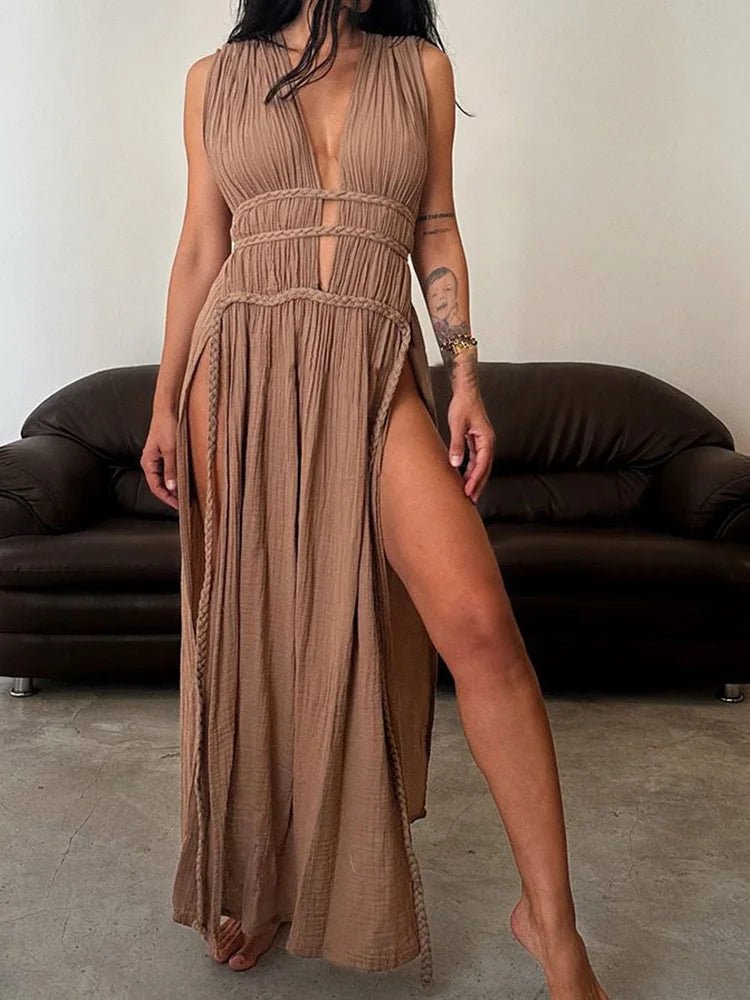 Deep V - Neck Sexy Bohemian Party Dress, Women Summer Loungewear Sleeveless Maxi Dress, New Hollow Out Solid Ladies Dress Vestidos - SN Wigs & More