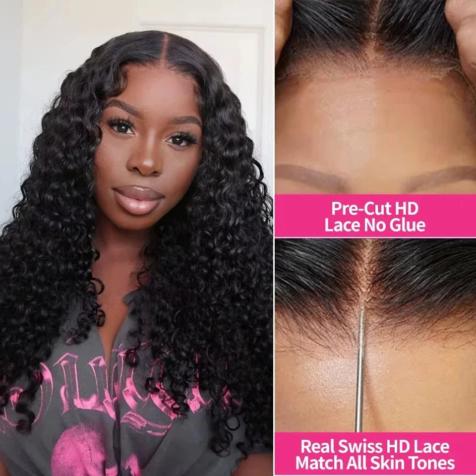 Deep Wave Wear & Go Glueless Pre-Cut Lace Wig Pre-Plucked Natural Black Water Wave Glueless Wig Curly Human Hair Wigs For Women