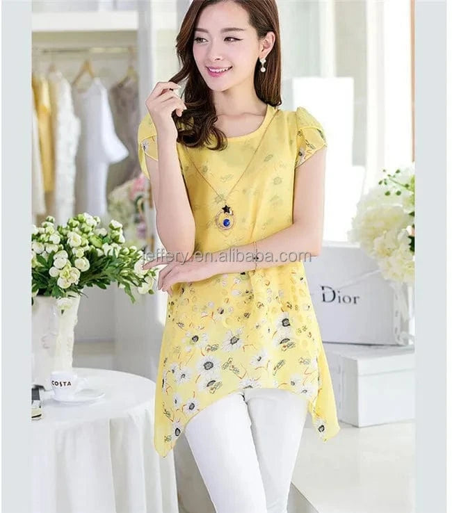 default Latest short sleeve shirt floral printed chiffon long shirts blouse designs loose tops A778