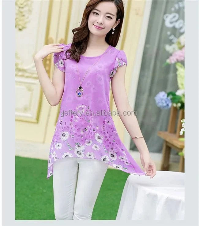 default Latest short sleeve shirt floral printed chiffon long shirts blouse designs loose tops A778