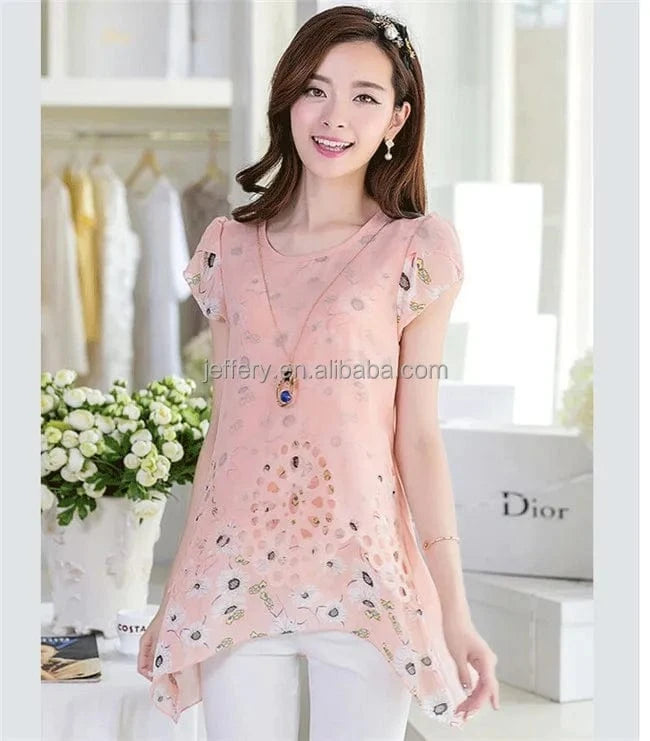 default Latest short sleeve shirt floral printed chiffon long shirts blouse designs loose tops A778