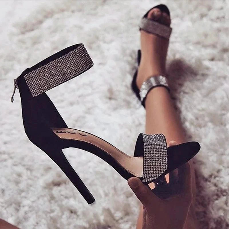 Deleventh shoes 101977  Wholesale Ladies Dress Shoes Zipper heeled Sandals High Heels Party Shoes Black Apricot Rhinestone heels
