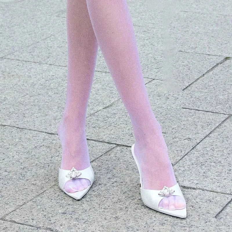 Deleventh Shoes Slip On Ladies Shoes Nice Lady Heeled Slipper Women's Pump Unique Plaid High Heel Sandals