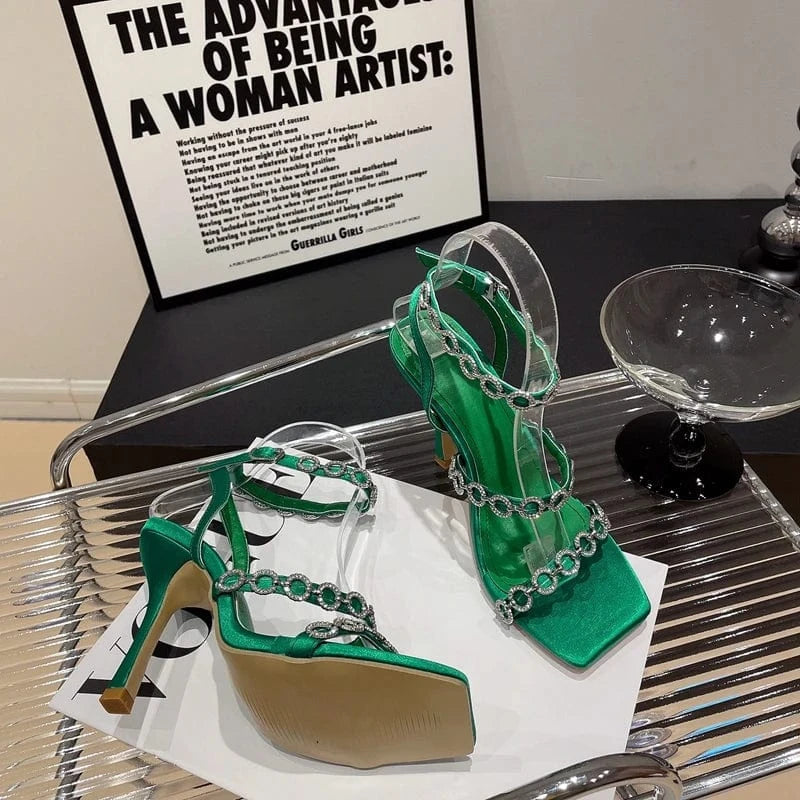 DEleventh Shoes womens sandals custom logo new fashion classics style rhinestone chain high heels pumps shoes