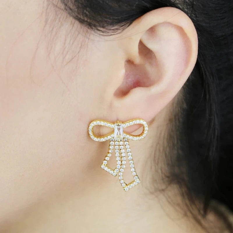 Delicate Bowknot Tennis Chain Stud Earrings Full Paved Sparking Cubic Zirconia Women Fashion Jewelry