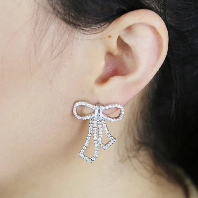 Delicate Bowknot Tennis Chain Stud Earrings Full Paved Sparking Cubic Zirconia Women Fashion Jewelry