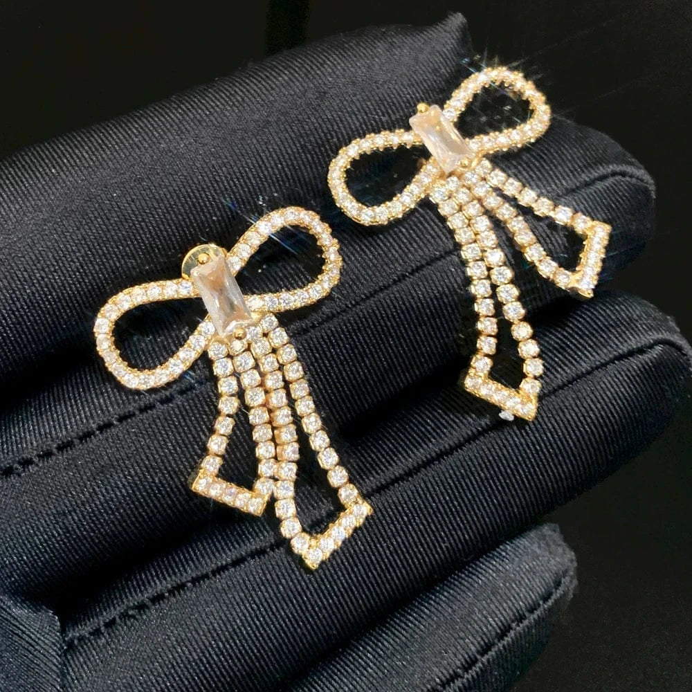 Delicate Bowknot Tennis Chain Stud Earrings Full Paved Sparking Cubic Zirconia Women Fashion Jewelry