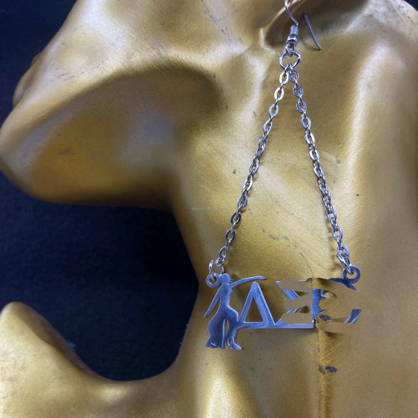 Delta DST Greek Letter with Girl Stainless Steel Charm Drop Dangle Earrings Necklace Set Jewelry