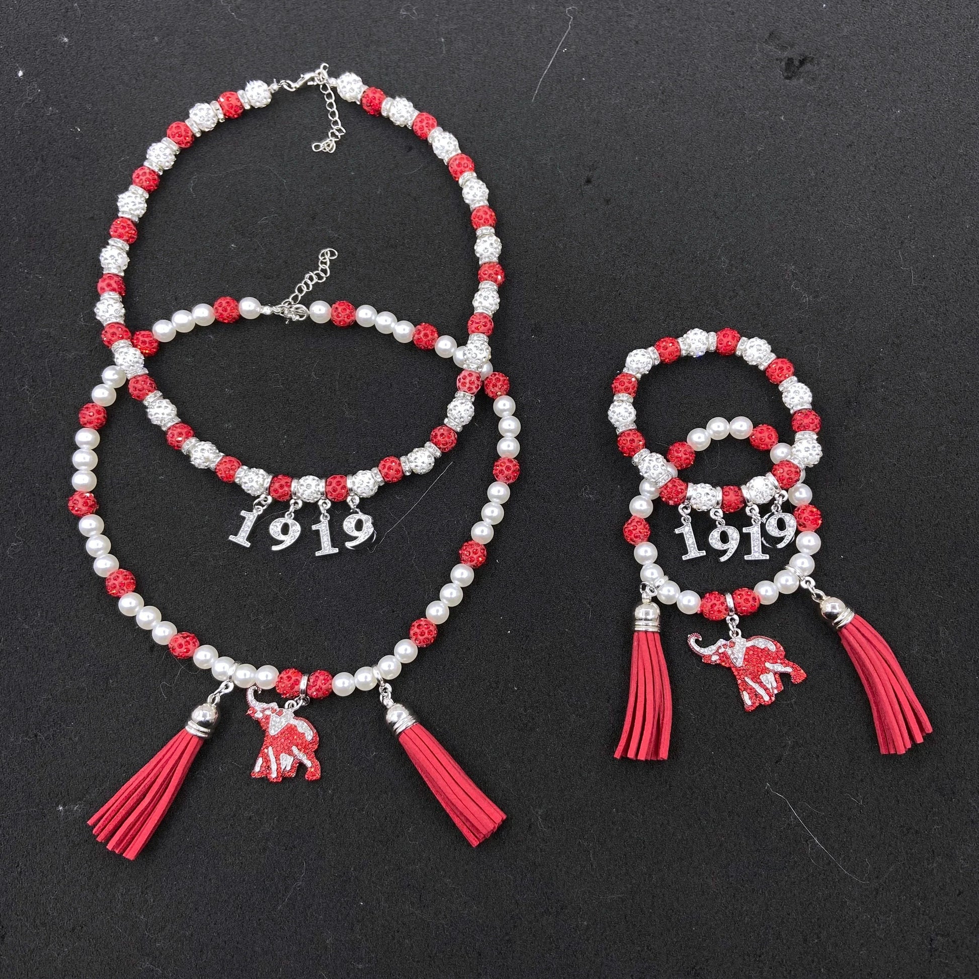 Delta Red White Bling Beaded Custom Elastic Handmade DST Rhinestone Elephant Charm Tassel Necklace Bracelets Set Jewelry