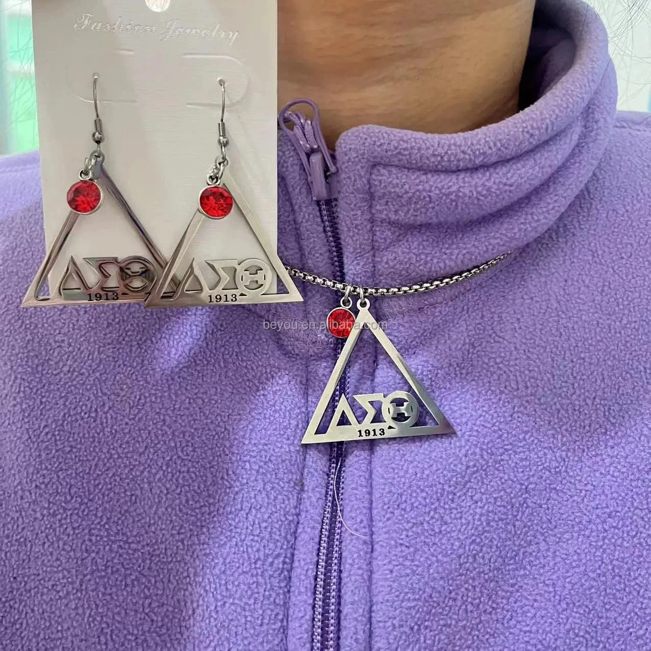 Delta Sigma Theta Stainless Pyramid Red Rhinestones Titanium Steel Square Pearl Necklace DST Jewelry for Sorority Girls