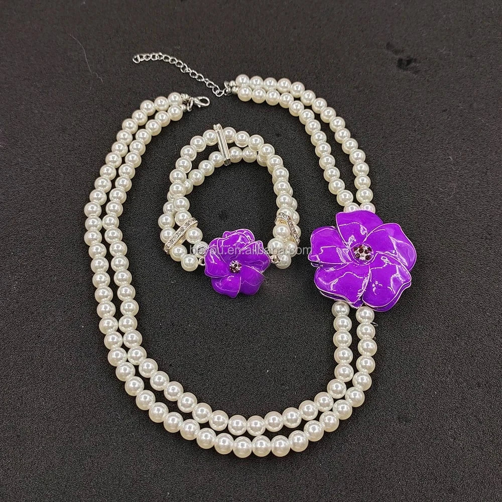Delta White Pearl African Violet Purple Flower Pendant Necklace Bracelet Set Crystal Spacers Necklace Bangle Jewelry
