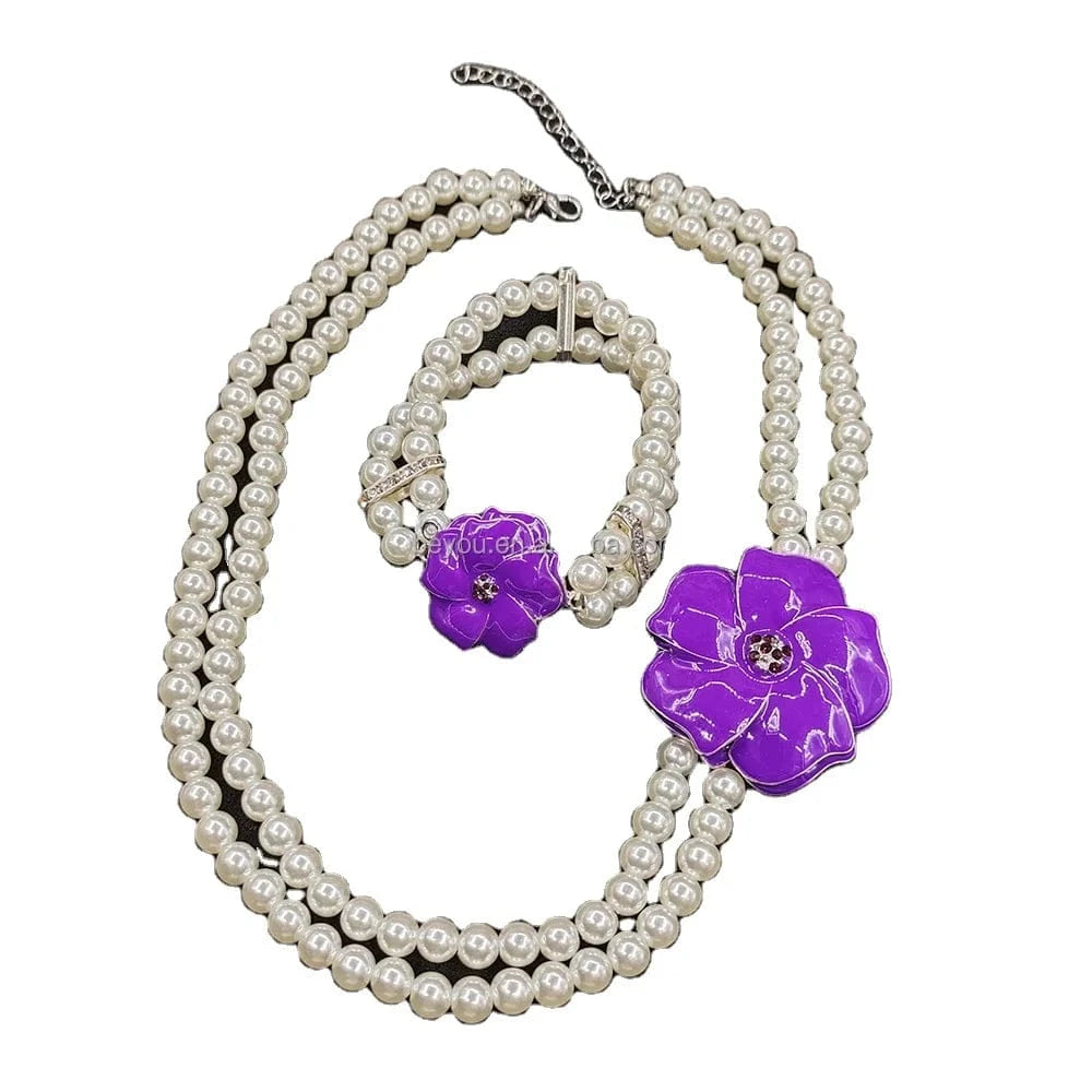 Delta White Pearl African Violet Purple Flower Pendant Necklace Bracelet Set Crystal Spacers Necklace Bangle Jewelry