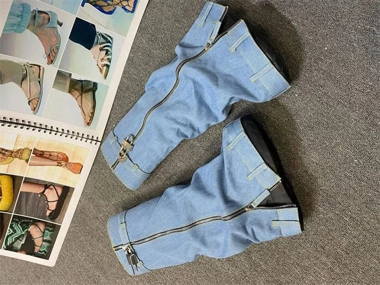 Denim Biker Metal Lock Boots Trendy Style Knee Boots Designer Fashion Knee-High Boots
