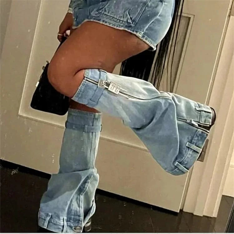 Denim Biker Metal Lock Boots Trendy Style Knee Boots Designer Fashion Knee-High Boots