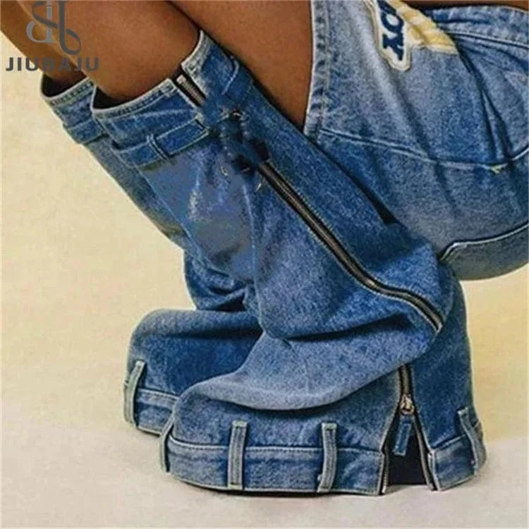Denim Biker Metal Lock Boots Trendy Style Knee Boots Designer Fashion Knee-High Boots